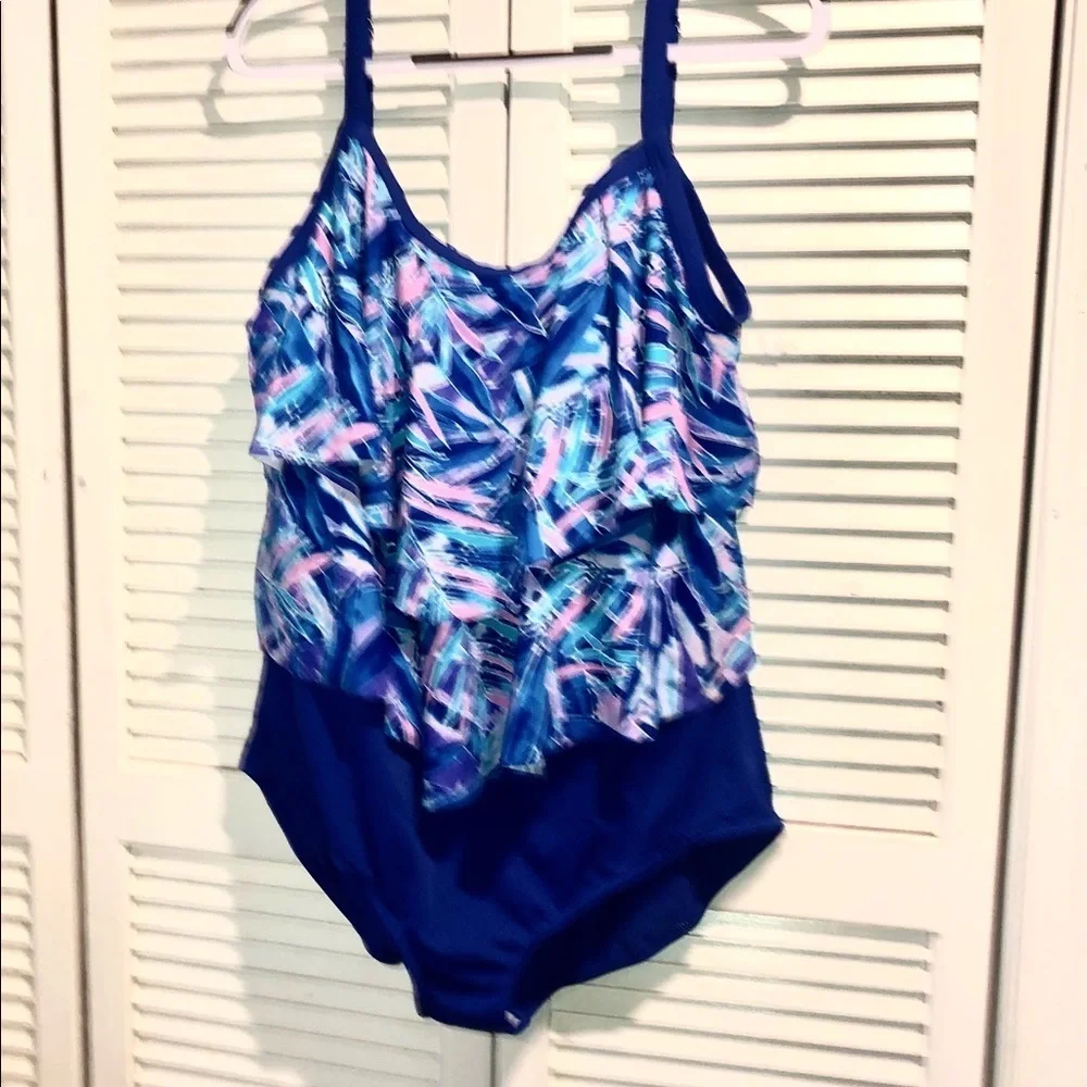 Calypso cove tiered ruffle one piece swimsuit blue and pink size 20 W
